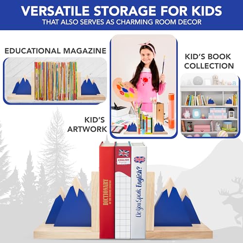 Decorably Blue Mountain Book Ends for Kids Books - 1 Set Non-Skid Wooden Bookends for Kids, Book Ends for Shelves, Kid's Room, Baby's Nursery, Classroom