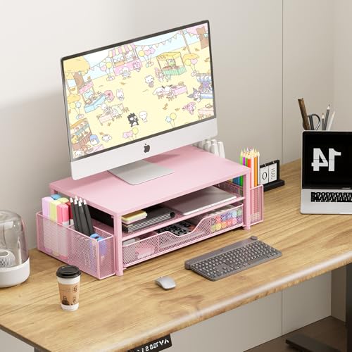 OPNICE Desk Organizers and Accessories, 2-Tier Computer Monitor Stand Riser with Drawer and 2 Pen Holders, Laptop Stand, Office Desk Accessories & Office Decor for Women, Pink - color: Pink 1-Pack