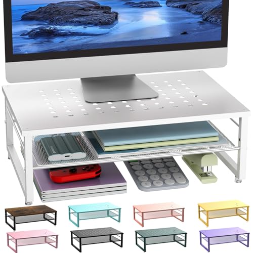 gianotter 2-Tier Metal Monitor Stand Riser, Desk Accessories & Workspace Desk Organizers, Office Desk Storage Organizer for Office Supplies (White) - color: White