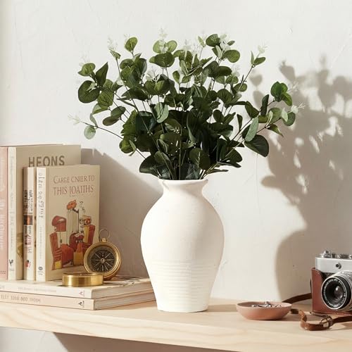 LUKA Ceramic Rustic Farmhouse Vase, 9.2 inch Whitewashed Terracotta Vase, Pottery Decorative Vases,Clay Decorative Vases for Home Decor, Table, Living Room, Shelf, Mantel Decoration(Off-White) - color: Off-white