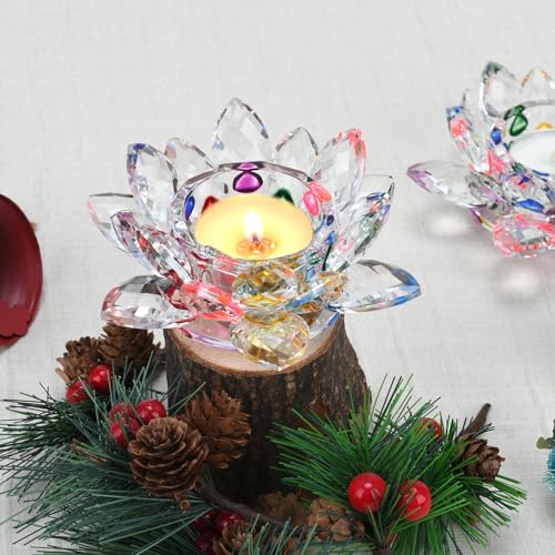 Colorful Crystal Lotus Flower Tealight Candle Holders, 2 Packs, K9 Crystal Material, Candlestick Decor, Glass Tealight Candlestick, Christmas Home Decoration - color: Colorful-2pcs