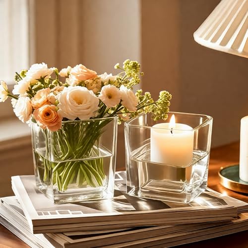 CONNOO 9 Pack Square Glass Vase 4" x 4" x 4", Clear Bulk Flower Vases for Centerpieces, Square Glass Cube Vase Floating Candle Holders for Wedding Party Home Decor - size: 9 Pack 4 Inch