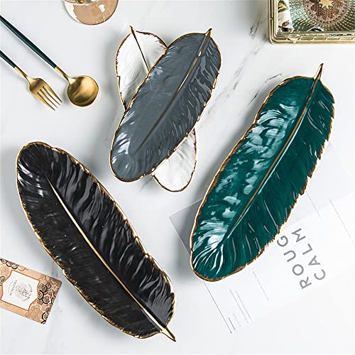 Creative Luxury Feather Storage Tray Ceramic Fruit Cake Dessert Tableware Dish Organizer Jewelry Decorative Serving Tray Set (10‘’/26cm, Black) - color: Black, size: 10‘’/26cm