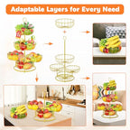 PouHenier.jh 5 Tier Fruit Basket Stand for Counter, Kitchen Tall Tiered Fruit Bowl Organizer for Dining Table Countertop, Multi Level Fresh Produce and Vegetable Holder Rack, Sturdy Metal Wire, Gold