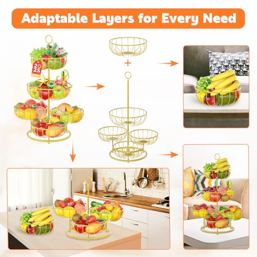 PouHenier.jh 5 Tier Fruit Basket Stand for Counter, Kitchen Tall Tiered Fruit Bowl Organizer for Dining Table Countertop, Multi Level Fresh Produce and Vegetable Holder Rack, Sturdy Metal Wire, Gold