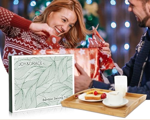 Joy&Grace Bamboo Serving Tray with Handles, Dinner Food Tray for Bed Breakfast Eating and Serving, for Coffee Table Ottoman TV, Decorative Wood Large Charcuterie Platter 16.8 x 12.5 inch 1 Pack