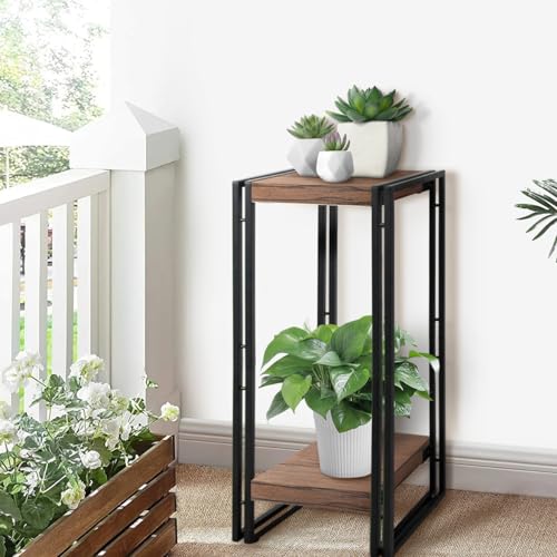 27.5 inch Tall Plant Stand Table, 2 Tier Plant Shelves Indoor Flower Pots Stand Holder Modern Corner Plant Stand Rack Shelves Square Plant Tables for Office Living Room, Balcony, Brown