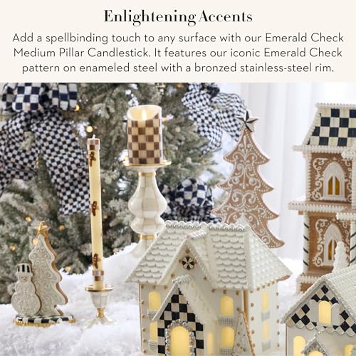 MACKENZIE-CHILDS Enamel Pillar Candlestick, Cute Pillar Candle Stand, Medium, Brown-and-White Mocha Check - color: Mocha Check, size: Medium