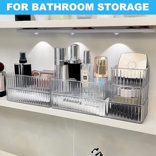HOTOOLME 14PCS Clear Drawer Organizers Bins, 4 Size Clear Makeup Drawer Organizer, Stackable Vanity Drawer Organiser Trays, Bathroom Drawer Storage for Cosmetics, Office Supply - style: 14 Pack