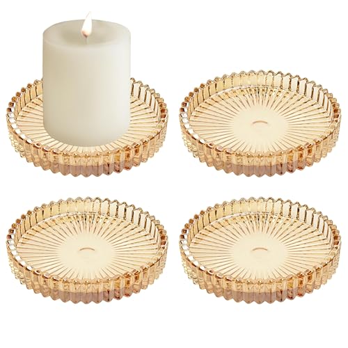 3.8 Inch Amber Glass Pillar Candle Holder Plates Set of 4 Coaster Holder Round Candle Stand for Table Centerpieces, Wedding,Party,and Home Decor - color: Amber