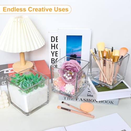 Set of 4 Square Glass Vases 5" x5" x 5", Clear Cube Flower Vases for Wedding Centerpieces, Candle Holders for Home Decor Party Events Ceremony