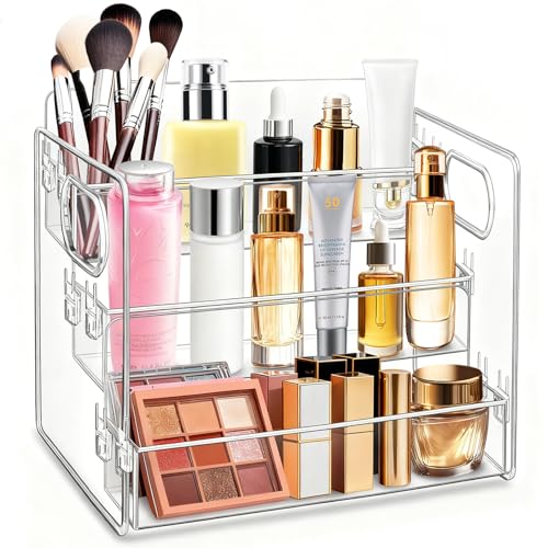 3-Tier Bathroom Counter Organizer – Storage Shelf for Makeup, Perfume & Skincare, Makeup Perfume Tray Skincare Organizer Fits Bathroom, Dresser, Kitchen (Clear)