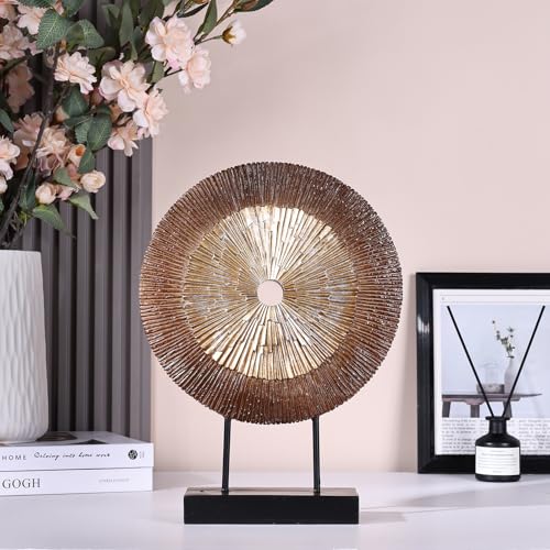 12" Tall Abstract Brown Gold Round Sculpture - Unique Wood Color Home Decoration for Above Cupboard Decor, Living Room Coffee Table, Console, Office, Entrance, Table Centerpieces (Brown Gold) - color: Brown Gold
