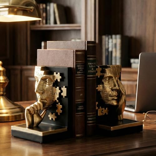 Gold Abstract Face Bookends Set,Modern Thinker Bookshelf Decorative Bookends,Cool Black Gold with Puzzle Design,for Shelves, Desk & Home Office Decor Accessories