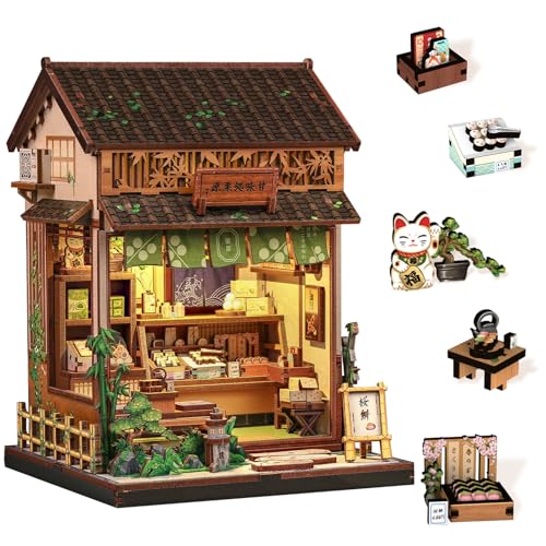 Book Nook Kit - DIY Miniature Japanese Wagashi Shop, 3D Wooden Puzzle Dollhouse with LED Lights, Tiny Bookend & Creative Bookshelf Decor, Craft Gift for Adults, Teens & Book Lovers - style: Wagashi Shop