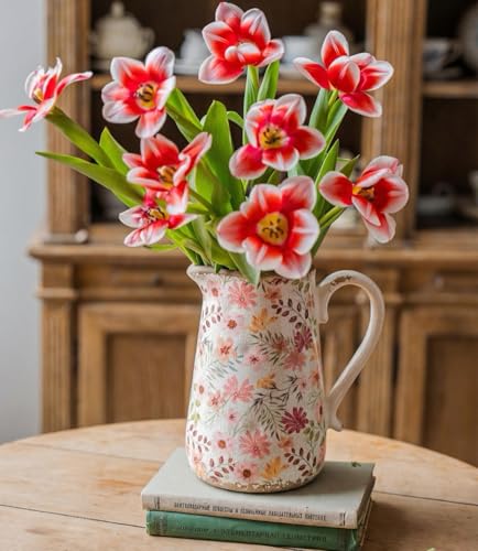 Vintage Colorful Daisy Flora Ceramic Vase with Handle, Retro Ice Glazed Crack Farmhouse Pitcher Vase for Home Decor, Living Room, Shelf, Office, Rustic Table Centerpiece 7 Inch - color: Colorful Daisy, size: Small Pitcher