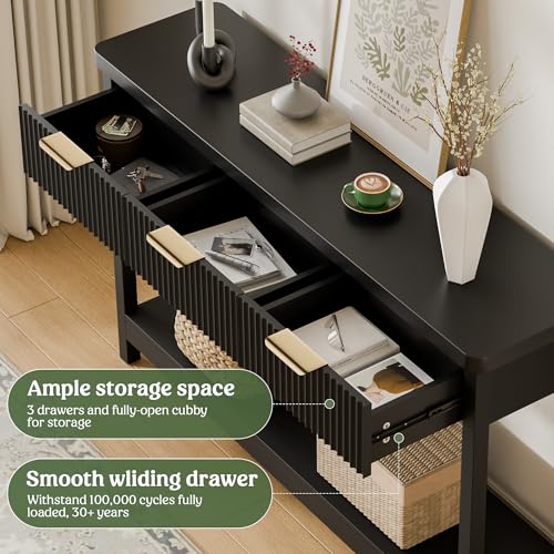 Lulive 51" Fluted Console Table for Entryway, Entryway Table with 3 Wooden Drawers, Farmhouse Behind Sofa Table for Living Room, Hallway, Couch, Foyer - color: Black