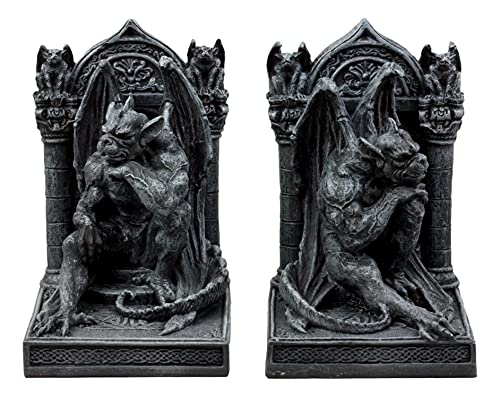 Ebros Gothic Sculptural The Thinker Gargoyle Bookends Figurine Set 6.25" H Medieval Le Penseur Resin Sculpture Gargoyles Statue Pair