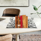 Metal Flower & Book Design Decorative Bookends – Cute Bookends for Shelves, Reading Room Decor for Book Lovers