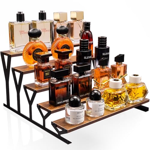 KALYLOC 5 Tier Wooden Display Riser Stand 13.8 Inch Metal Step Perfume Stand Organizer Tabletop Tiered Display Shelf Rack for Cologne Cupcake Spice Figures Cosmetics Candles (Brown, Y-Shape) - color: Brown, size: 5 tier-Y shape
