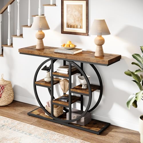 Celaform 41" Console Table for Entryway, 4-Tier Industrial Narrow Wood Sofa Accent Tables with Circle Storage Shelves for Living Room, Hallway, Foyer (Rustic Brown) - color: Rustic Brown