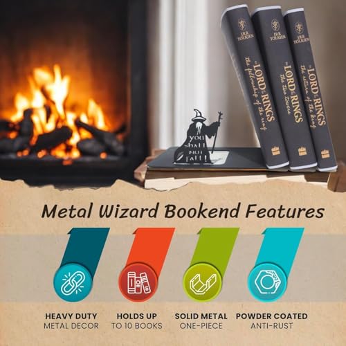Renovatio Black Metal Bookend – Sturdy, Non-Slip Minimalist Bookends with Non-Skid Base for Shelves – Unique Geeky Decor for Home, Office & Kids Room – LOTR - style: LOTR