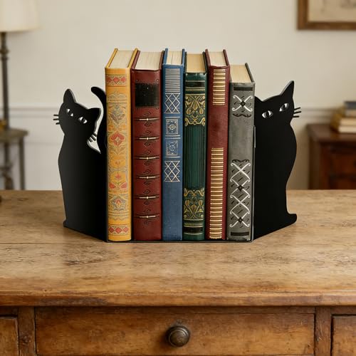 Metal Cat Bookends Set of 2 - Decorative Bookends for Heavy Books with Geometric and Sitting Cat Design, Functional Book Holders for Shelves Desk, Black Matte Office, Home, Library Decor - color: Type-4