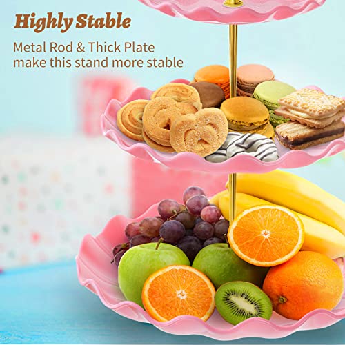 3 Tier Cupcake Stand Holder, BACUTHY Plastic Cup Cake Stand Tower with Tiered Serving Tray for Cupcakes, Donuts, Fruits and More, Pink - color: Pink