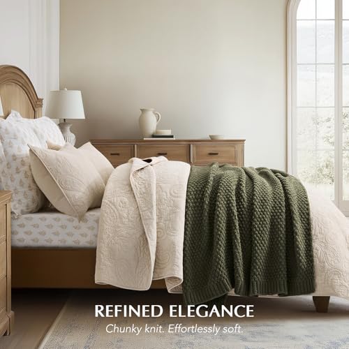 EVERGRACEHOME Chunky Chenille Knit Throw Blanket for Couch, Soft Luxurious Moss Stitch Chair Blankets for Bed, Cozy Decorative Farmhouse Knitted Throws for Sofa, Olive Green, 50" x 60" - color: Olive Green, size: 50" x 60"