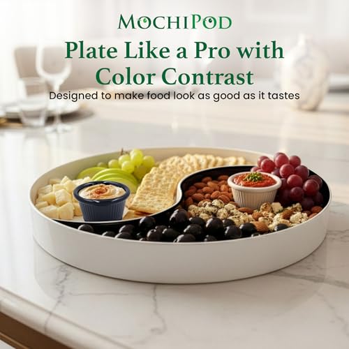 Chip and Dip Serving Tray – Yin Yang Divided Snack & Appetizer Platter with Built-In Dip Bowls, 14” Large Round Hosting Plate for Charcuterie, Fruit, Veggies & Party Snacks