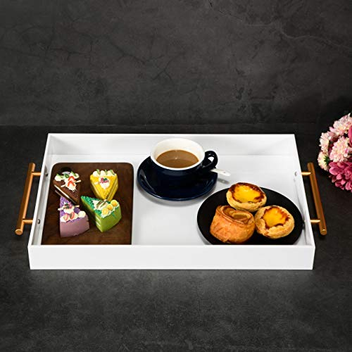 Glossy White Acrylic Tray with Metal Handle,No Need to Assemble-Acrylic Tray for Ottoman,Coffee Table, Breakfast, Tea, Food, Butler - Decorative Tray (12x18 Inch, White) - color: White, size: 18" x 12" x 2"