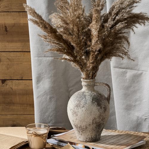 LUKA Ceramic Rustic Farmhouse Vase,8.25 inch Terracotta Vase with Handle,Neutral Clay Pot Vases Decorative Vase for Living Room,Table,Shelf Decor(Brown,M) - color: Brown, size: 8.25 inch (H)