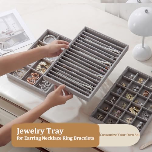 Large Jewelry Drawer Organizer Trays Set of 4, Stackable Velvet Jewelry Trays Organizer Holder Display Storage Showcase for Earring Necklace Bracelet Ring Accessary (Gray, 12+17+24+48 Grids) - color: Gray, size: 12+17+24+48 Grids