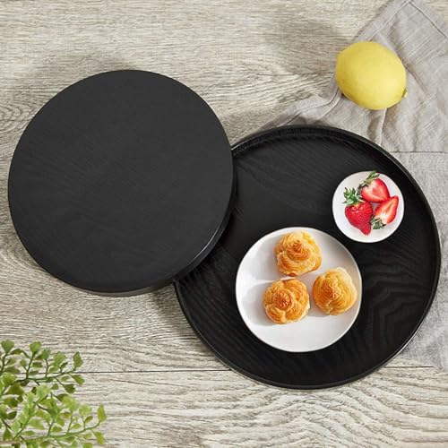 Round Wood Serving Tray, Solid Wooden Decorative Tray Non-Slip Tea Coffee Table Tray Snack Plate Food Meals Serving Tray with Raised Edges for Home Decor Kitchen Restaurant (9.5inch, Black) - size: 9.5"
