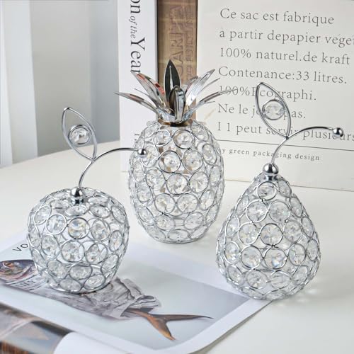 Set of 3 Crystal Metal Pineapple Pear Table Centerpiece Handmade Crystal Candlestick Hollow Fruit Ornament Home Party Wedding Holiday Bar Decoration (Silver, Set of 3) - color: Silver