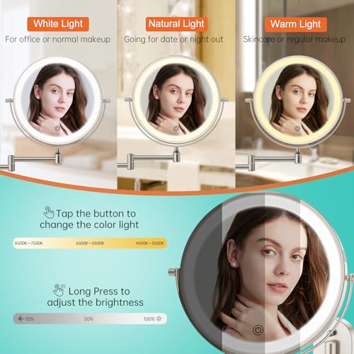 5000mAh Rechargeable Wall Mounted Lighted Makeup Vanity Mirror, Double Sided 1X 30X Magnifying Bathroom Mirror, 3 Color Lighting, Touch Screen Dimming, Extended Arm 360 Rotation Shaving Mirror - color: Brushed Nickel
