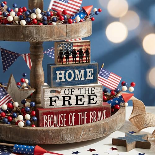 4 Pcs Patriotic Memorial Day Decorations 4th of July Tabletop Decorations Red White Blue Table Centerpieces Fourth of July Wooden Sign for Office Tiered Tray Home Shelf 250th Anniversary - style: Memorial Day