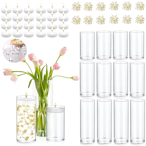 Set of 12 Glass Cylinder Vases for Centerpieces with 8 Pack Vase filler 12 Pearl String 24 White Floating Candles for Centerpieces, Table Center pieces for Wedding Party Home Decor 5, 6, 8 Inch - style: 12 Set(5,6,8Inch)