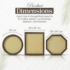 Apolos Co Decorative Tray Set of 3 - Handwoven Rattan Coffee Table Trays with Dark Wood Frame - Modern Boho Design Wicker Tray for Living Room, Centerpiece Décor - Round, Rectangular, Geometric Shapes