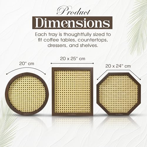 Apolos Co Decorative Tray Set of 3 - Handwoven Rattan Coffee Table Trays with Dark Wood Frame - Modern Boho Design Wicker Tray for Living Room, Centerpiece Décor - Round, Rectangular, Geometric Shapes