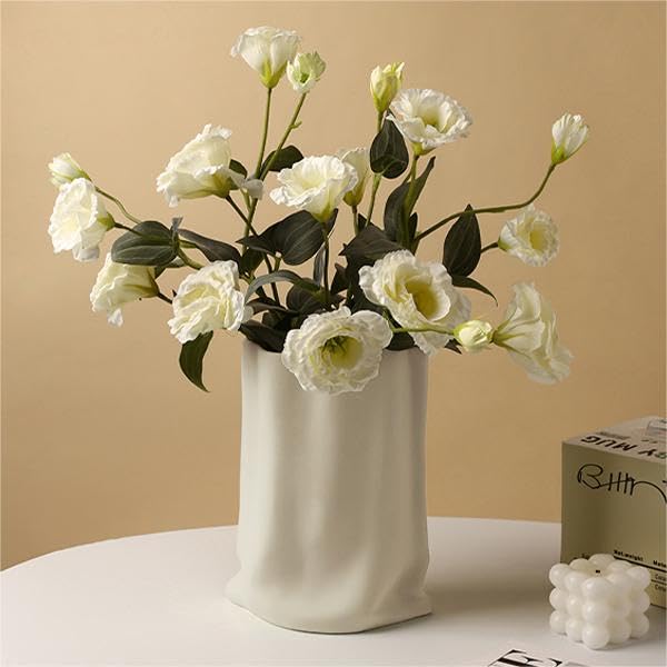Relexome Ceramic Paper Bag Vase Crinkle Fold Flower Vases, Wabi-Sabi Minimalist Nordic Boho Ins Style for Centerpieces Living Room Office Bedroom Home Decor, Bouquet Gifts for Women Girl 9.1 Inches - color: White