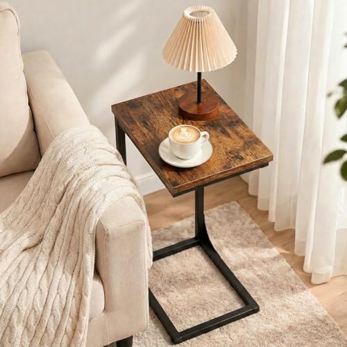 TEMI C Shaped End Table for Couch - Small Side Table and TV Tray for Eating or Laptop, Accent Desk for Chair or Sofa, Easy Assembly, Space-Saving Design for Living Room or Bedroom,Rustic Brown - color: Rustic Brown