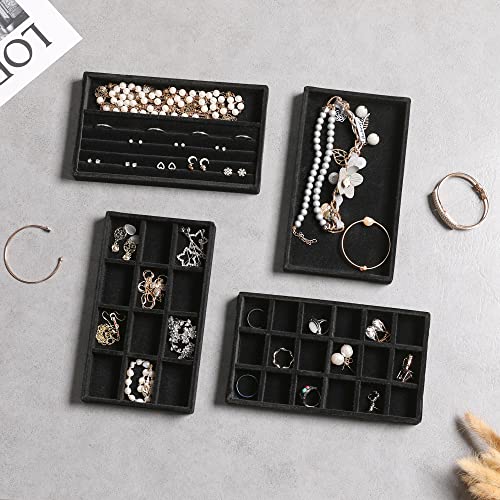 Frebeauty Jewelry Organizer Tray,Stackable Velvet Jewelry Trays,Drawer Inserts Earring Organizer For Women Jewelry Storage Display Case for Rings Stud Necklaces,Set of 4(Black) - color: Black, size: Set 4