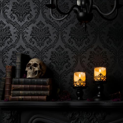 Gothic Hurricane Candle Holders, Black Metal with Glass Sleeve, Set of 2 Decorative Pillar Holders, 5.9 and 7.9 Inch Height, 4 Inch Diameter - size: Height 5.9 inches and 7.9 inches - 2 Pieces