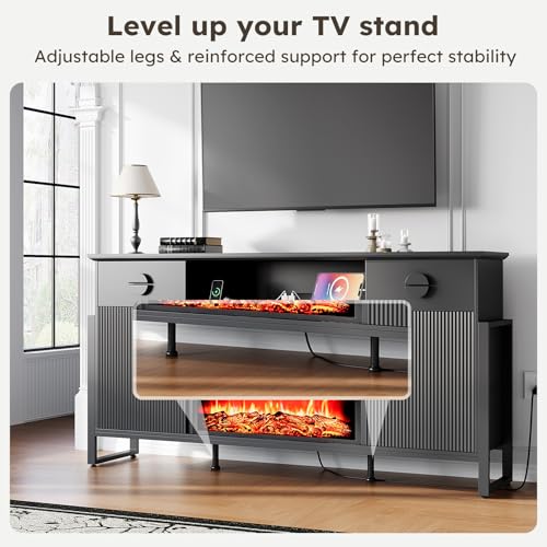 LGHM 70'' Fireplace TV Stand for TVs Up to 80 Inch, Fluted TV Stand with 30" Fireplace & Power Outlets, Farmhouse Entertainment Center with Storage Drawers for Living Room, Black - size: 38''H & Fireplace