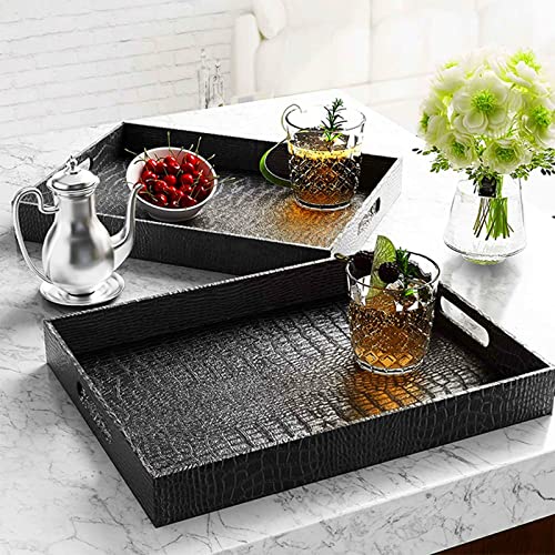 Lyellfe Black Serving Tray with Handles, Decorative Ottoman Tray in Alligator Faux Leather, 17x12 Inch Rectangular for Coffee Table, Living Room, Bed or Dressing Table