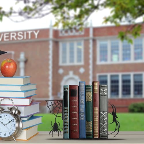 Geelin Creepy Spider Metal Bookends Set of 2 Styles Gothic Black Spider and Web Book Ends for Shelves Scary Home Office Desk Bookshelf Decor Gift for Book Lovers Reading Enthusiasts - style: Spider