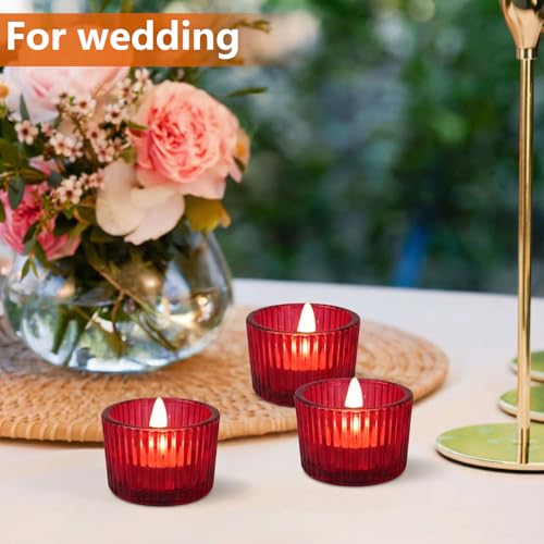 JOYIT Red Votive Candle Holders Bulk Set of 6, Tealight Candle Holder for Wedding Table Centerpiece, Glass Small Candle Holders for Birthday Party, Valentine's Day, Home Decor (2''X 1.4'') - color: Red