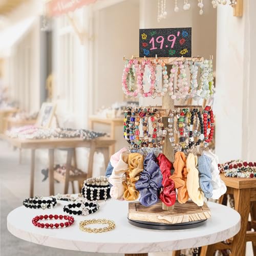 LadyRosian 3-Tier Wooden Rotating Jewelry Display Stand | Bracelet & Keychain Organizer with Advertising Board | 54 Hooks Rustic Holder for Vendor Booth & Stores (3-Tier Round Hexagon) - color: 3-Tier Sleek Round Organizer