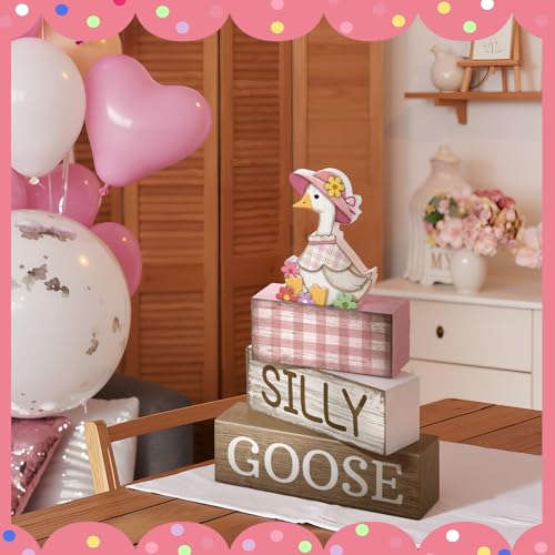 Yuntau 4 Pcs One Silly Goose Birthday Party Decoration Wood Silly Goose Table Sign Pink Baby Shower Tiered Tray Decor Tabletop Centerpieces for First Birthday Baby Shower Home Shelf Office - style: Goose